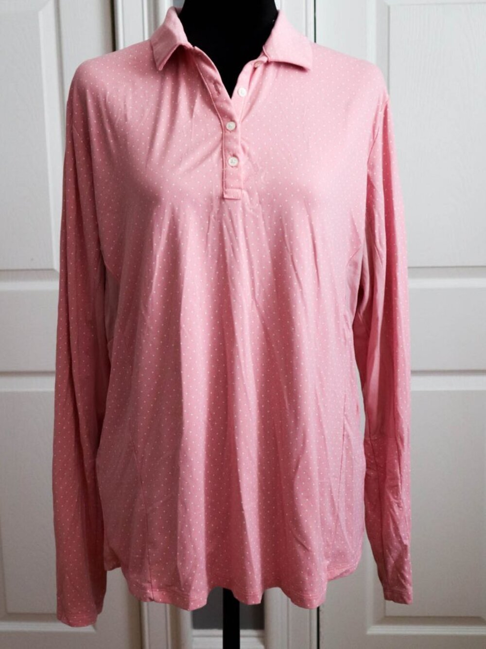 FootJoy Women's Sz XL Golf Shirt Long Sleeve Mesh Air Flow Pink Polka Dot Tennis